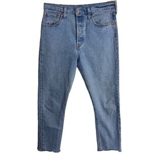 Levis 501 S Skinny Crop Jeans Womens 29 (30x25) Blue Denim Button Fly Raw Hem